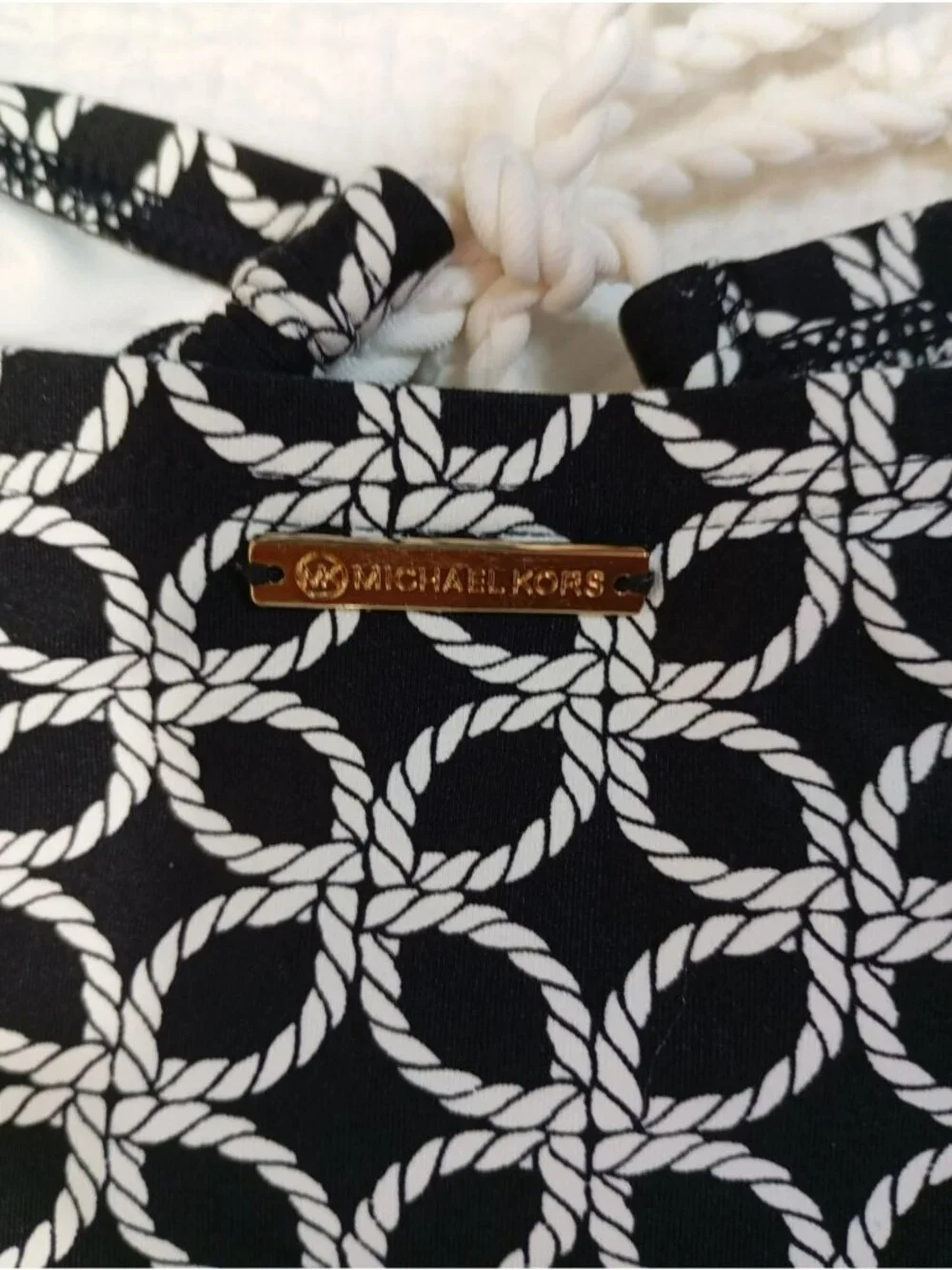 Michael Kors Black & White Rope Print One-Piece Swimsuit Sz 12 Tassel Tie Front